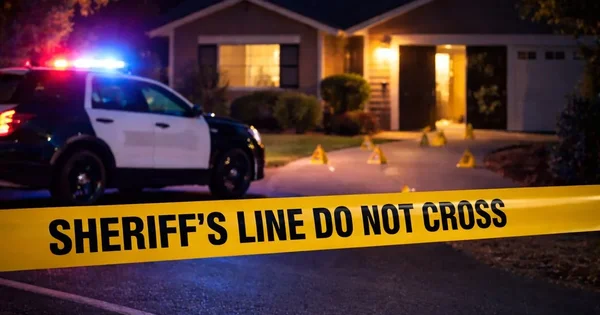 A crime scene is marked with Sheriff's Line tape and a police car with flashing lights is visible.