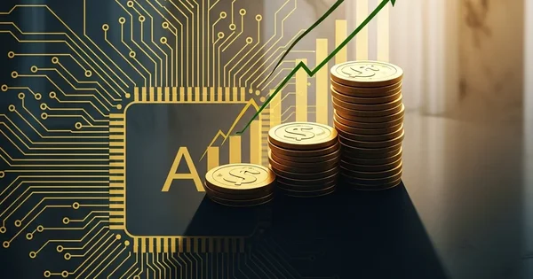 Stacks of coins rise with a green arrow and financial chart, next to an AI circuit board.