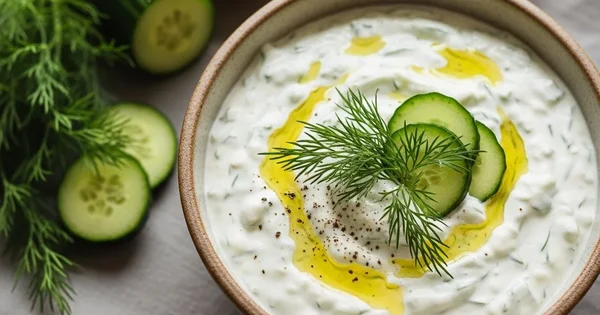 Bowl of tzatziki sauce garnished with dill and cucumber slices sits next to a lemon and fresh dill.