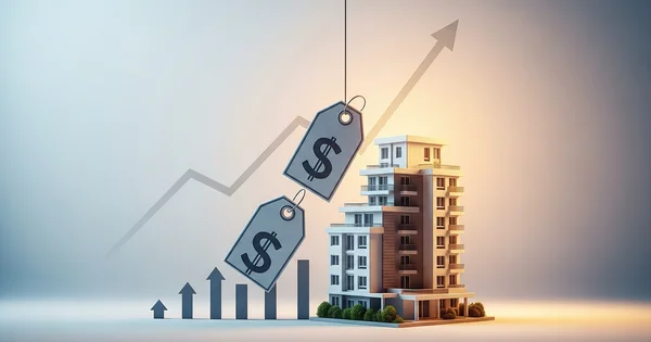 Rising housing prices are depicted with an upward-trending graph and price tags hanging over an apartment building.
