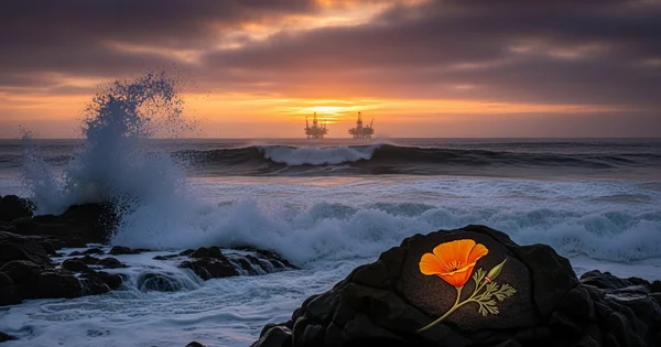 Waves crash on the shore near offshore oil platforms as the sun sets.