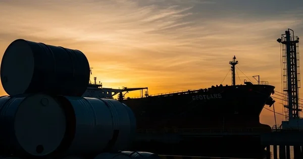 Oil tanker ship sits at dock near barrels as the sun sets.