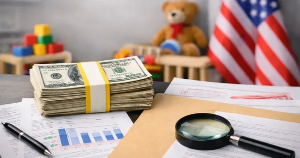 A stack of money sits on a desk next to financial documents and children's toys.