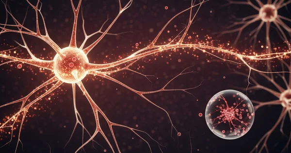 A medical illustration shows a targeted delivery system designed to interact with individual neurons in the brain.