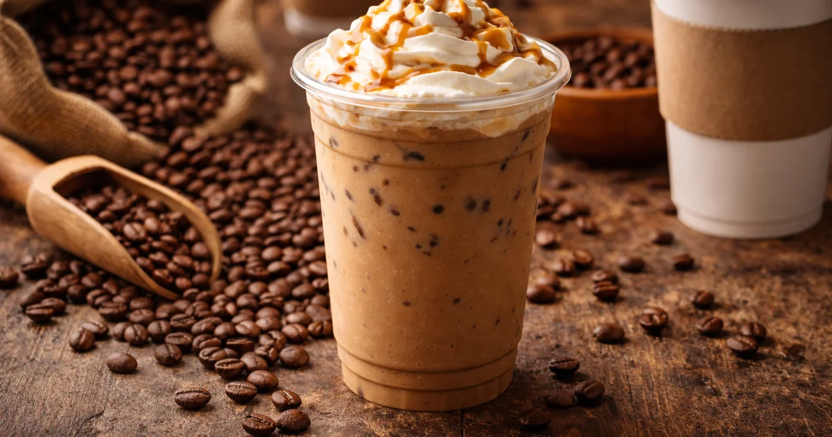 An iced coffee drink with whipped cream and caramel sits on a wooden table surrounded by roasted coffee beans. An iced coffee drink with whipped cream and caramel sits on a wooden table surrounded by roasted coffee beans.
