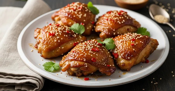 A plate of glazed chicken thighs is garnished with sesame seeds and herbs.