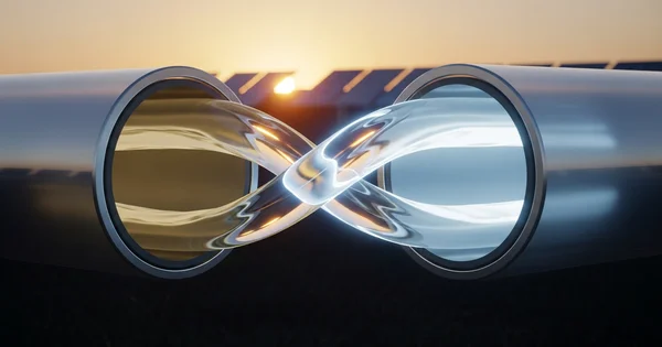 A visual representation of two streams merging in an infinity symbol shape with solar panels in the background.