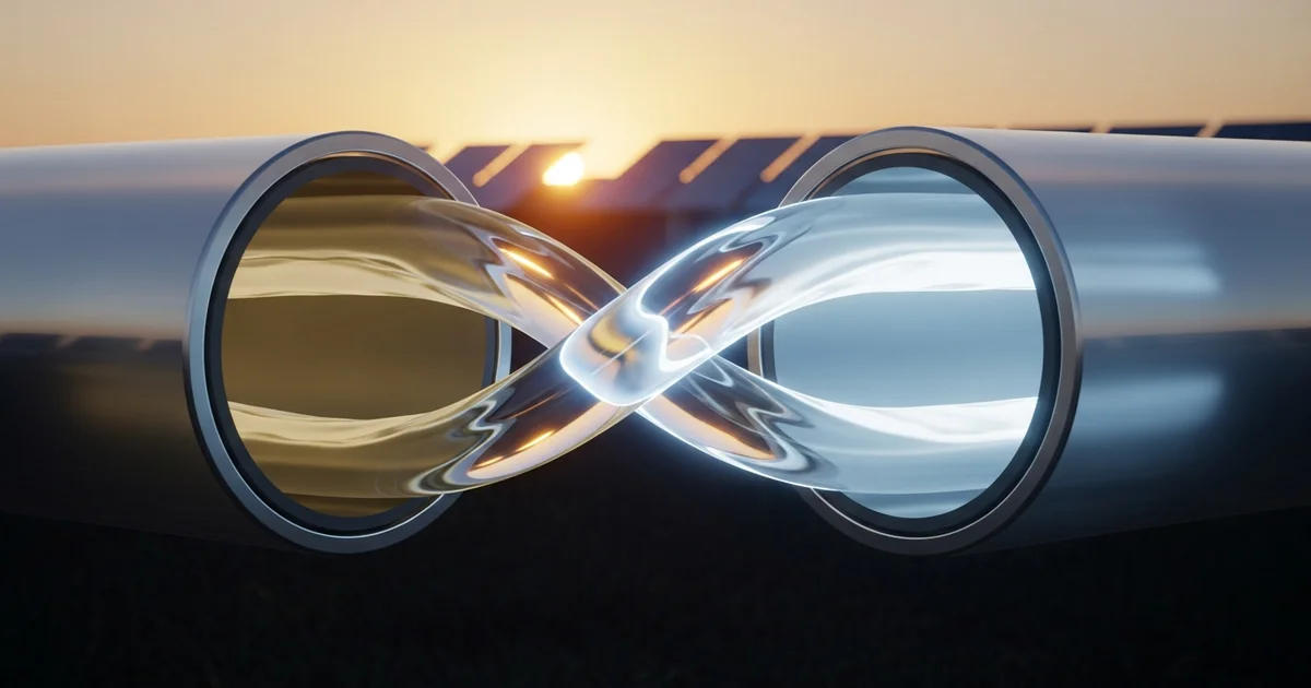 A visual representation of two streams merging in an infinity symbol shape with solar panels in the background. A visual representation of two streams merging in an infinity symbol shape with solar panels in the background.