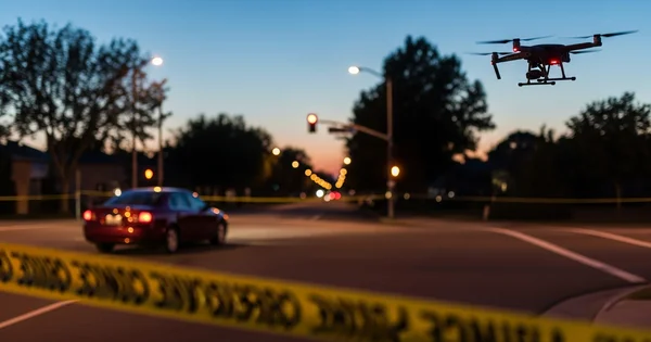 A drone monitors an active investigation scene cordoned off by police tape at dusk.