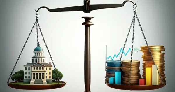 A scale balances a building on one side and stacks of coins and a financial chart on the other.