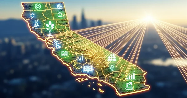 A digital graphic illustrates interconnected industries and regional economic growth across the state of California.
