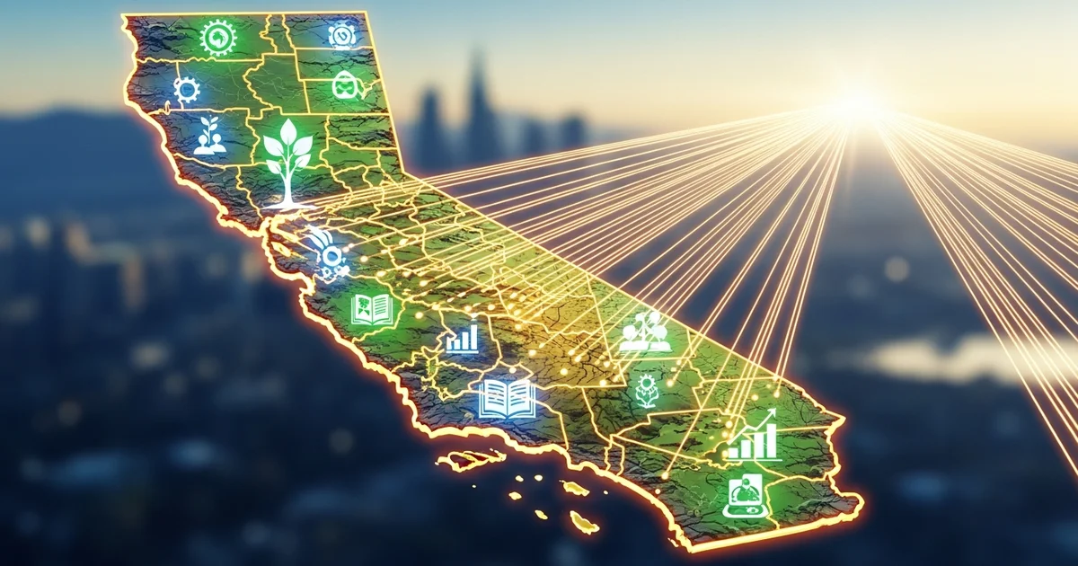 A digital graphic illustrates interconnected industries and regional economic growth across the state of California. A digital graphic illustrates interconnected industries and regional economic growth across the state of California.