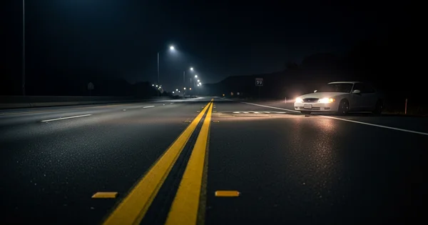 A vehicle sits on the shoulder of Highway 99 at night.