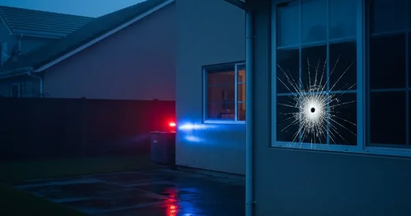 A window is shattered at a house as police investigate.