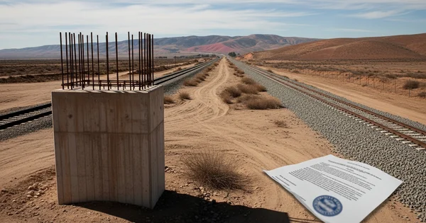 A concrete support stands near railway tracks in a desert landscape, with a document lying on the ground.