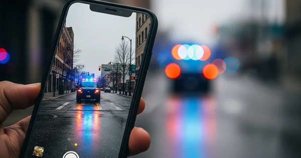 A bystander films a police vehicle with its emergency lights activated on a city street.