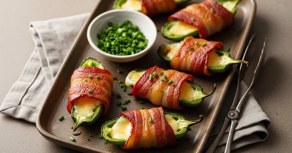 Jalapeno poppers wrapped in bacon are served on a platter.