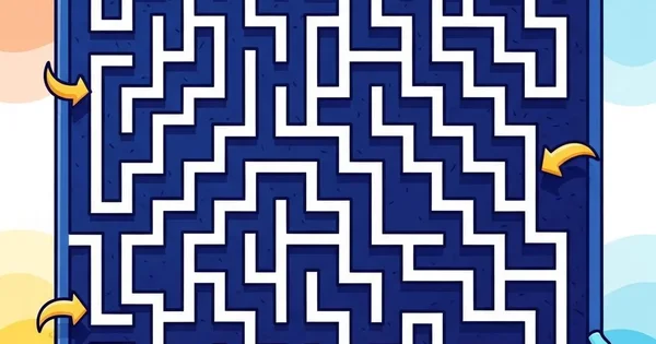 A cartoon maze with a blue frame and white paths, featuring various cartoon characters at the corners.