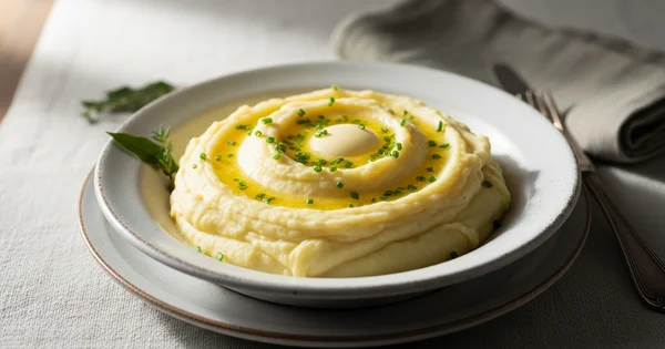 A bowl of mashed potatoes is plated and garnished with butter and chives.