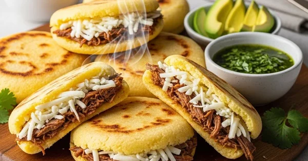 Arepas filled with meat and cheese are served on a wooden platter.