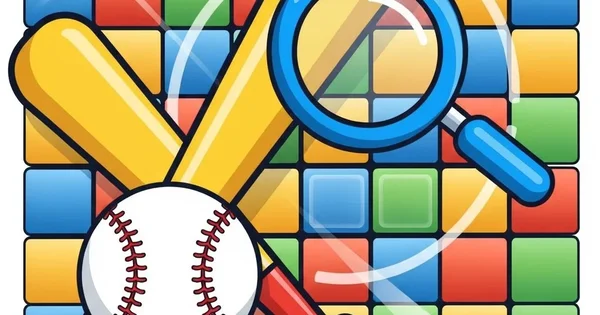 A baseball, bats, and a magnifying glass are arranged over a colorful, tiled background.