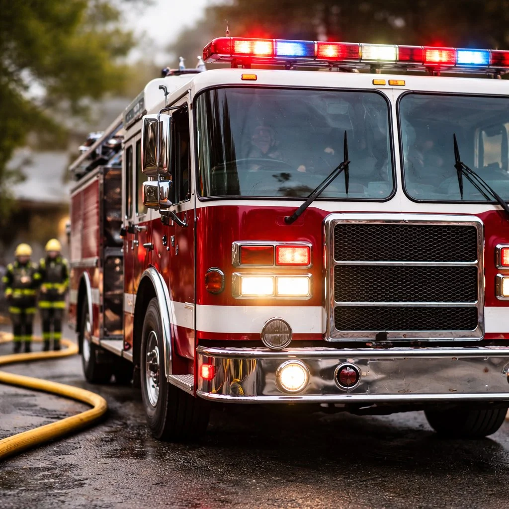 Firefighters arrive on the scene with a fire engine. Firefighters arrive on the scene with a fire engine.