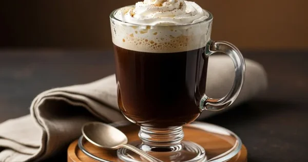 A glass mug of Irish coffee is topped with whipped cream.
