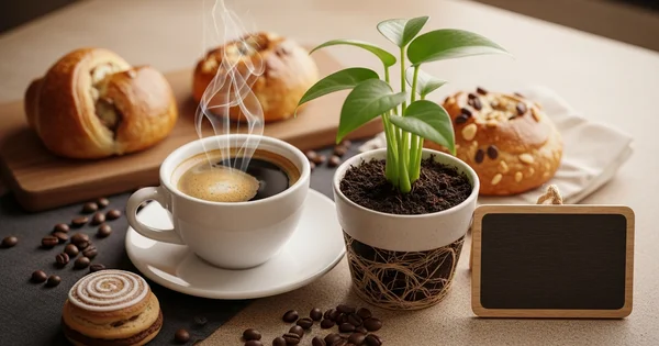 Coffee and pastries are arranged on a table with a potted plant and a small blank chalkboard sign.