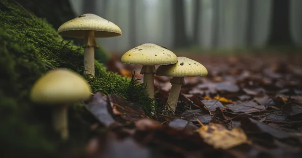 Mushrooms grow in a wooded area.