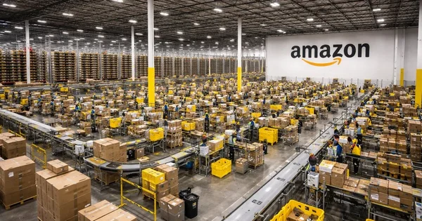 Workers process packages at an Amazon fulfillment center.