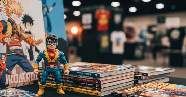 A superhero action figure stands on a table at a comic book convention.