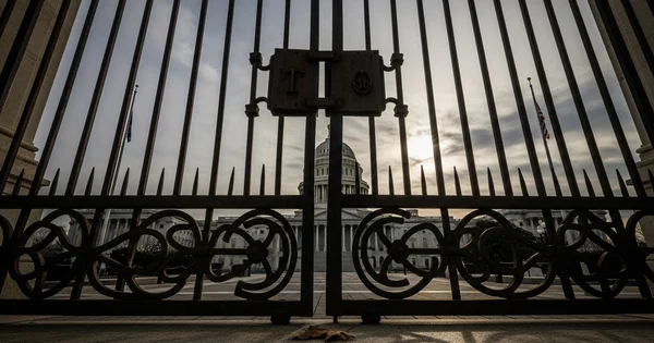 Flags fly at half-staff over the U.S. Capitol building behind a closed security gate in Washington, D.C.