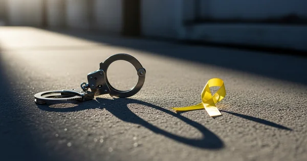 A pair of handcuffs and a yellow awareness ribbon lie on the pavement.