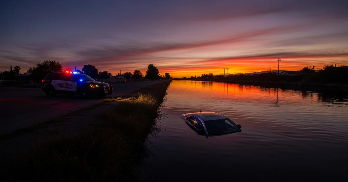 Police respond to a vehicle partially submerged in a canal at sunset. Police respond to a vehicle partially submerged in a canal at sunset.