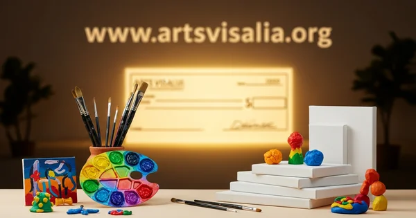 Arts Visalia displays its website and a projected donation check behind an assortment of art supplies to promote community funding.
