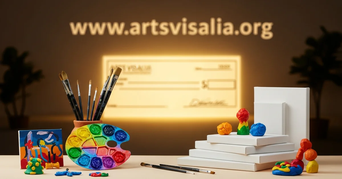 Arts Visalia displays its website and a projected donation check behind an assortment of art supplies to promote community funding. Arts Visalia displays its website and a projected donation check behind an assortment of art supplies to promote community funding.