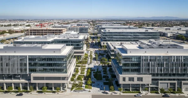 Aerial view shows a modern office park with glass buildings and pedestrian walkways.