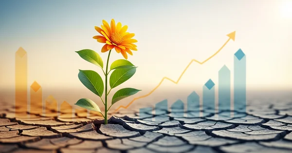 A flower grows from cracked earth as a stock market style graph trends upward.