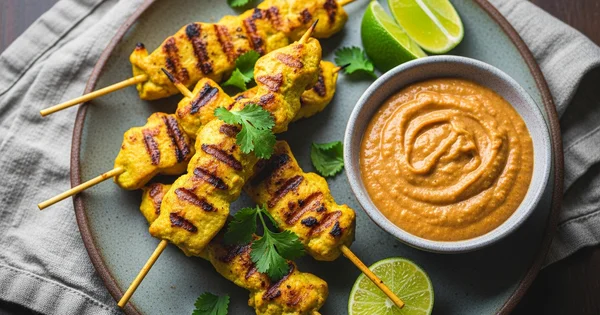 Chicken satay skewers are served with peanut sauce and lime wedges.