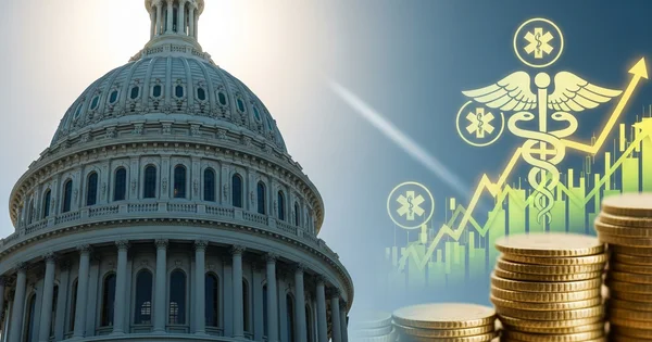 Image shows the Capitol building with a background of rising healthcare costs.