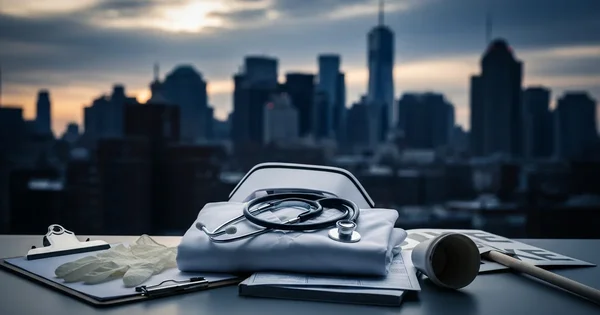 Medical supplies sit on a desk with a city skyline in the background.