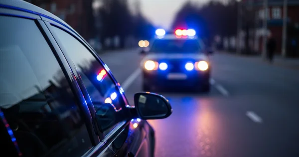 Police car pursues vehicle with lights flashing.