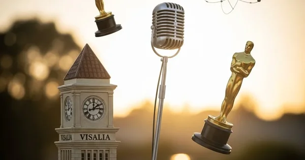 A clock tower with Oscars, a microphone, and an atom floating in the air.