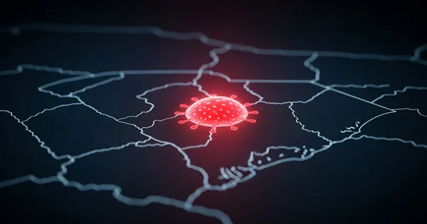 A conceptual illustration depicts a virus particle centered over a map of the southeastern United States.