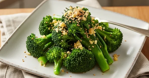 Broccoli is plated with sesame seeds and garlic.