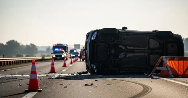 Emergency responders attend to the scene of an overturned vehicle on a highway.