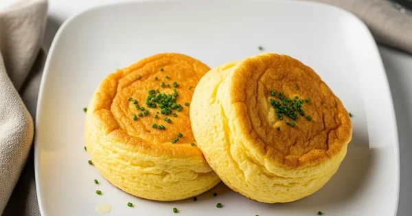 Two soufflé pancakes sit on a plate garnished with chives.