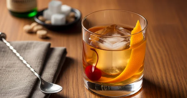 A close-up shot shows an Old Fashioned cocktail with a large ice cube, cherry, and orange peel garnish.