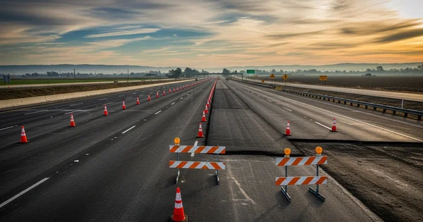 Road construction closes lanes on a highway.