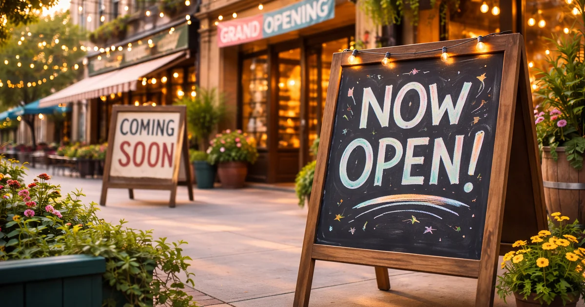 New businesses celebrate grand openings in a downtown shopping district. New businesses celebrate grand openings in a downtown shopping district.